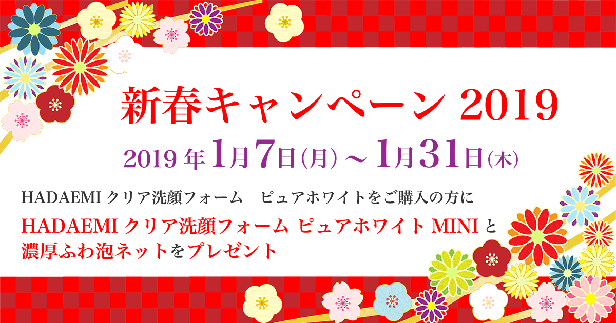 新春キャンペーン2019 2019年1月7日（月）〜2019年1月31日（木）HADAEMIクリア洗顔フォーム　ピュアホワイトをご購入の方にHADAEMIクリア洗顔フォーム　ピュアホワイトMINIと濃厚ふわ泡ネットをプレゼント